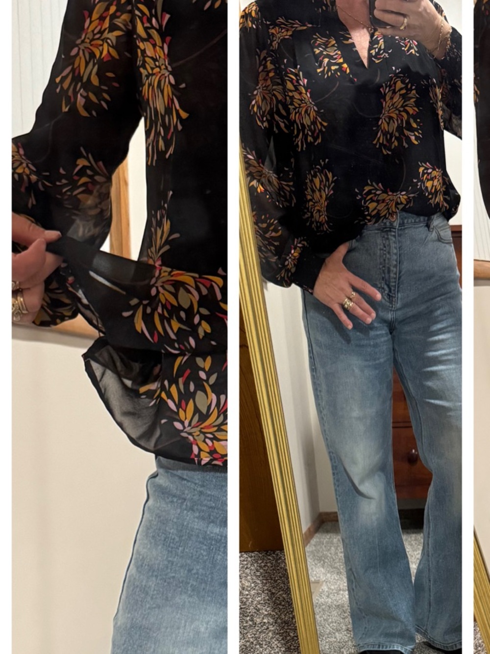 CAbi Black Sheer Leaf-Print Blouse with V-Neck